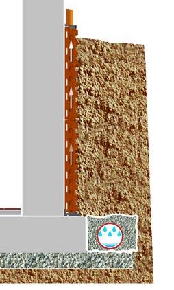 Aislamiento y protección de muros subterráneos información técnica Muro de hormigón armado Tubo de ventilación Tape Tierra de relleno Barrera