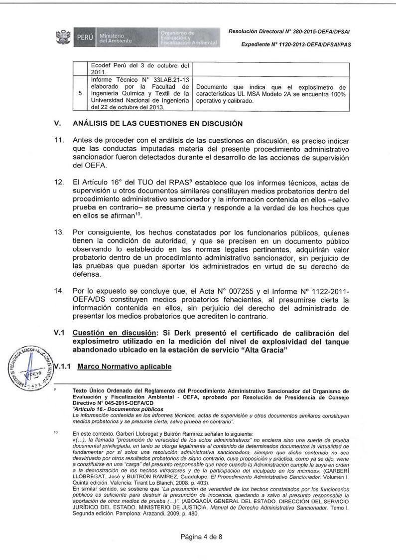 Resolución Directora/ N 380-2015-0EFAIDFSAI Expediente Nº 1120-2013-0EFAIDFSAIIPAS Ecodef Perú del 3 de octubre del 2011. Informe Técnico Nº 33LAB.