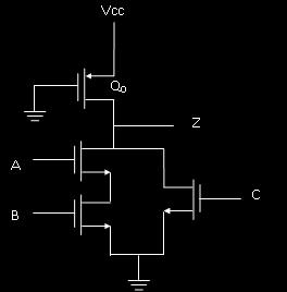 b) Averigüe el estado de cada transistor, en cuanto a si conduce o no (activo/cortado), para cada una de las posibles combinaciones de las señales de entrada A, B y C.