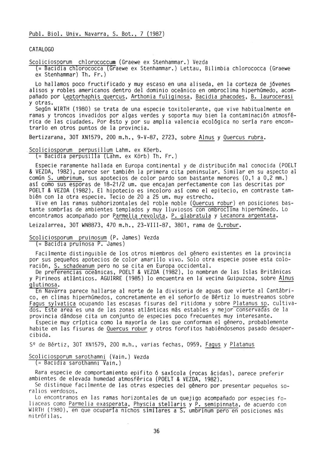 Publ. Biol. Univ. Navarra, S. Bot., 7 (1987) CATALOGO Scoliciosporum chlorococcum (Graewe ex Stenhammar.) Vezda (= Bacidia chlorococca (Graewe ex Stenhammar.