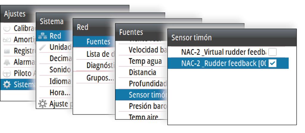 Selección de la fuente del timón, AP44 Ú Nota: Solo debe utilizarse la respuesta del timón virtual (VRF) si no hay respuesta del timón disponible.