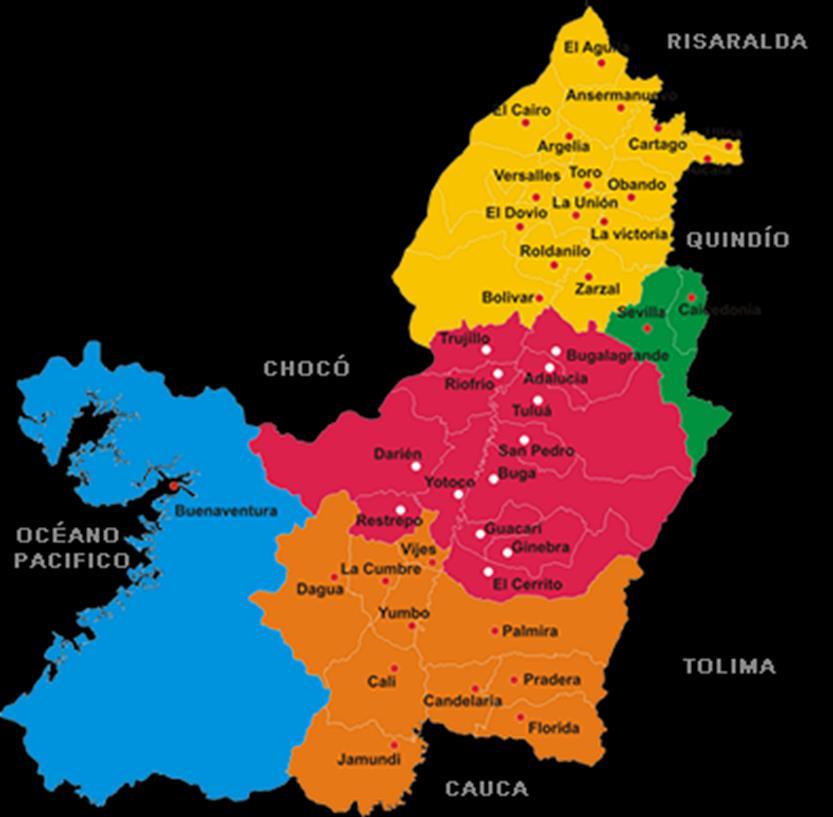 Subregiones del Valle del Cauca Norte: Cartago, Alcalá, Ansermanuevo, Argelia, El Águila, El Cairo, Obando, Ulloa,