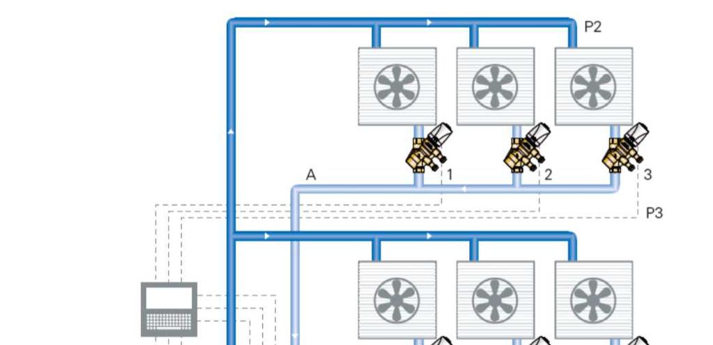 Dimensionamiento de la instalación con Ballorex Dynamic En el siguiente ejemplo se instalan válvulas Ballorex Dynamic en una instalación de fan-coils con intercambiador de calor.