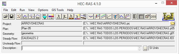 8.14.4. MODELACIÓN DEL ARROYO EN HEC-RAS La ventana muestra todos los elementos que se necesitan para poder correr el programa. Figura 67. Ventana principal con los componentes para la modelación 8.