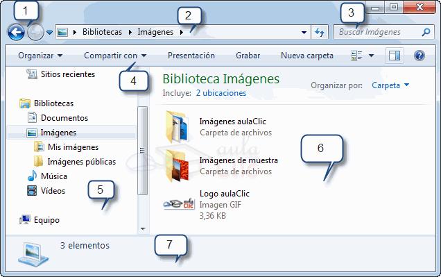 1.2. Equipo y Explorador de Windows Áreas que componen la ventana del explorador de Windows: 1.- Botones adelante y atrás. 2.