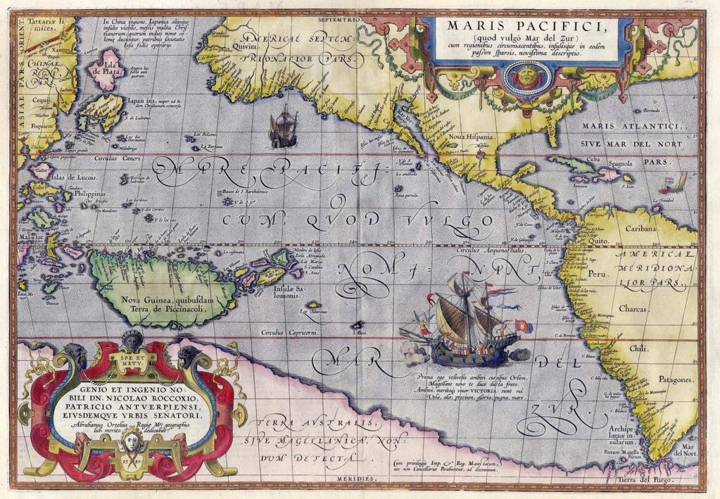Maris Pacifici de Ortelius (1589). Uno de los primeros mapas impresos que muestran el océano Pacífico; ver también mapa Waldseemüller.