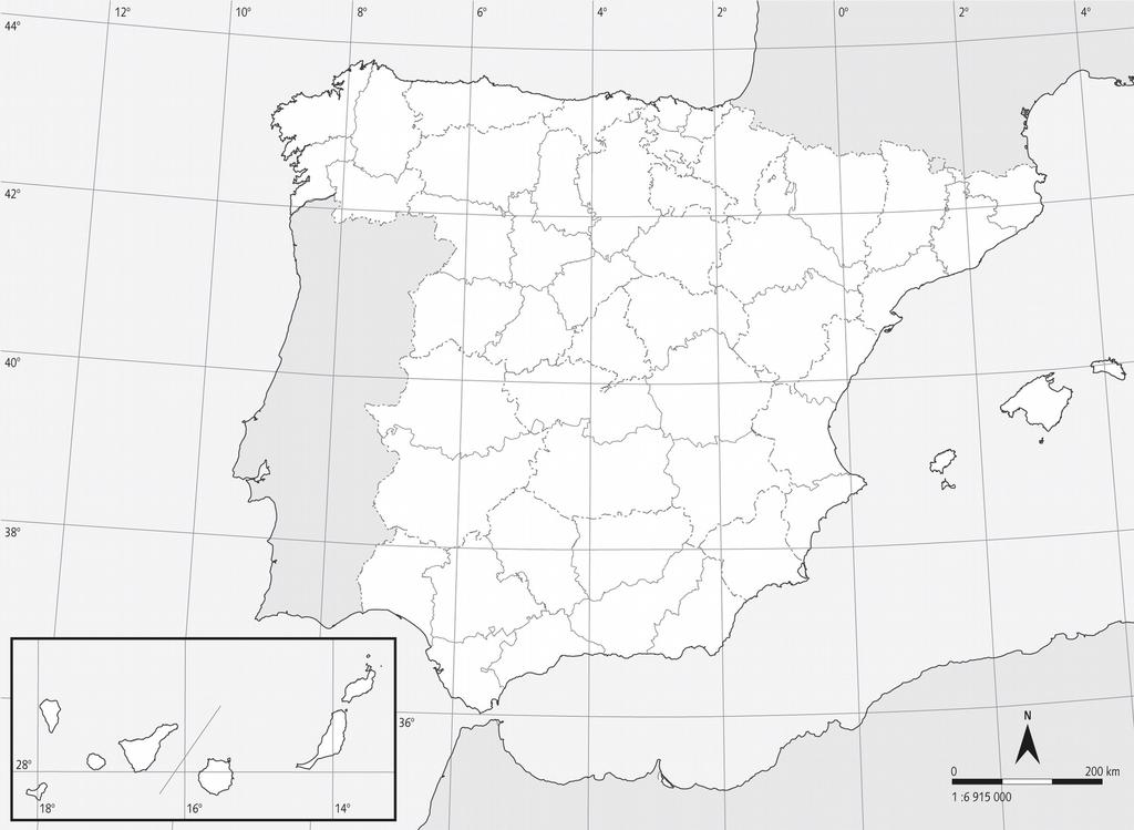 La localización aproximada de la Península Ibérica es la siguiente: Extremo septentrional: 43º 50 latitud norte; Extremo meridional: 36º00 latitud norte Extremo occidental: 9º 30 longitud oeste;
