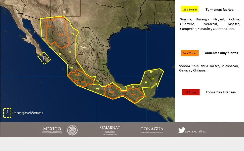 Lluvias con intervalos de chubascos (5.1 a 25 mm): Baja California Sur, Coahuila, Zacatecas, Guanajuato, Morelos, Puebla, Estado de México y Ciudad de México. Lluvias dispersas (0.