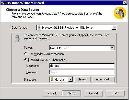 7. Haga clic para seleccionar el botón de radio de la autenticación de SQL Server del uso. 8. Ingrese el nombre de usuario y la contraseña. 9.