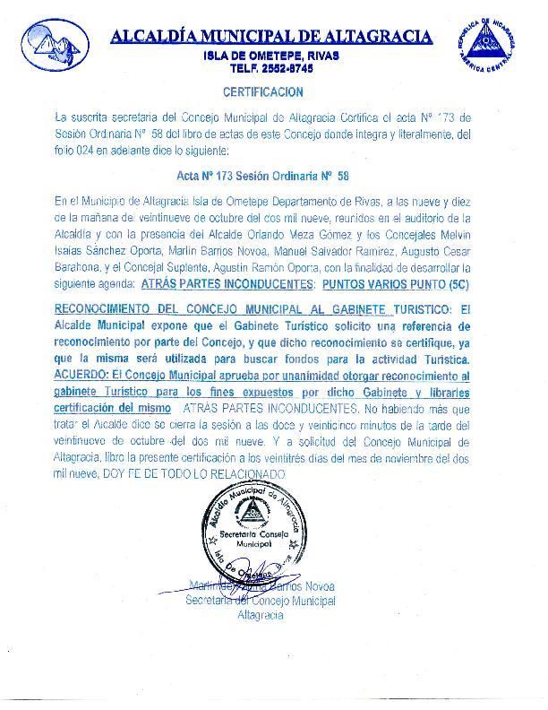 Los 2 Gobiernos Municipales (Moyogalpa & Altagracia) han emitido Certificación y/o Reconocimiento al Gabinete del Poder Ciudadano de Turismo de