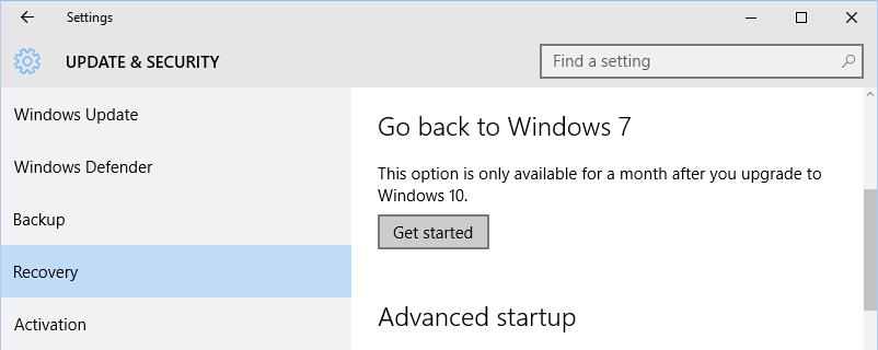 (b) Si has actualizado a Windows 10 desde Windows 7: Haz clic en Comenzar (Get started) dentro de Volver a