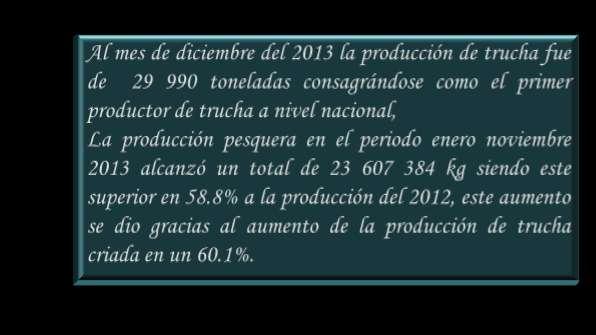 Producción Pesquera Cuadro N 03 Producción pesquera según principales especies Producción (Kg) Ene-Set var% Especies Ene- Nov 2012 2013 2012-2013 Carachi 360213 324654-9.9 Ispi 156985 77430-50.
