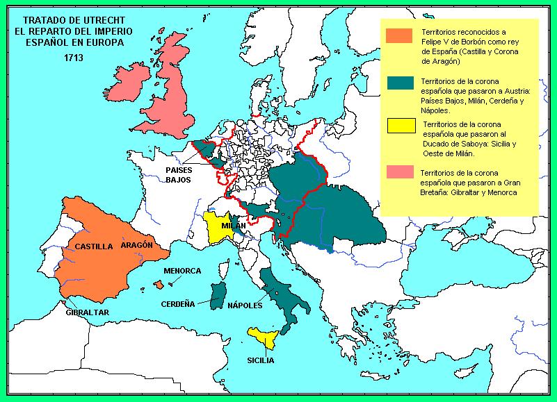 Felipe V fue reconocido rey de España y sus colonias americanas, a cambio de ceder sus posesiones europeas (los territorios italianos y Flandes para Austria; Cerdeña para Saboya; Gibraltar y Menorca