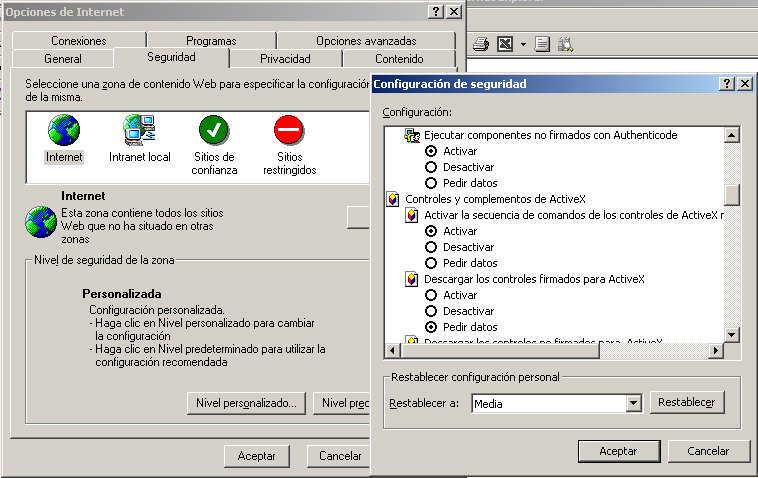 Se deberán de dar permisos de ejecución a los controles ActiveX, para ello en el Explorer, en el menú Herramientas\Seguridad, en la pestaña Seguridad y seleccionando el icono con el