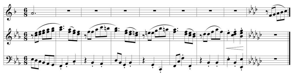 Variación I Concluye el pedal y aparece el período 14 (rase g) en el piano, con una melodía acompañada por una secuencia de quintas [cc 17-144] La trompeta repite el período 14 (rase