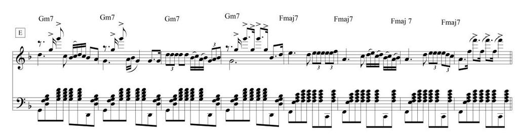 saxoones, tua, contraao y percusión (omo y redolante) La letra E presenta, en lo armónico, un acorde VII, Fma7 (por su nomre popular en inglés) Figura 29 Letra E La letra F [cc 57-64] es una