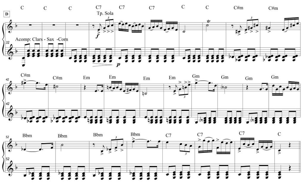 semicorcheas Armónicamente presenta una progresión de acordes menores por relación de terceras La trompeta diua melódicamente esos acordes La progresión se da así: los acordes tienen una nota común,
