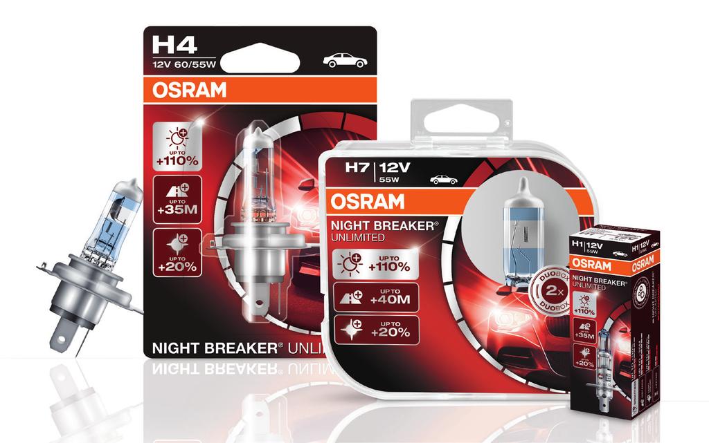 NIGHT BREAKER UNLIMITED HASTA UN 0% MÁS DE LUZ Con hasta un 0% más de luz que las lámparas estándar, es la segunda luz halógena OSRAM más potente.