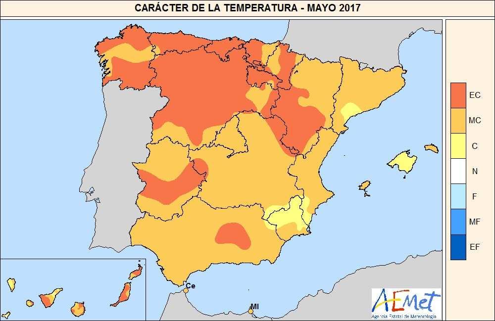 METEOROLOGÍA Y CLIMATOLOGÍA El mes de mayo ha tenido en conjunto un carácter extremadamente cálido, con una temperatura media sobre España de 19,0º C, valor que queda 2,4º C por encima de la media de