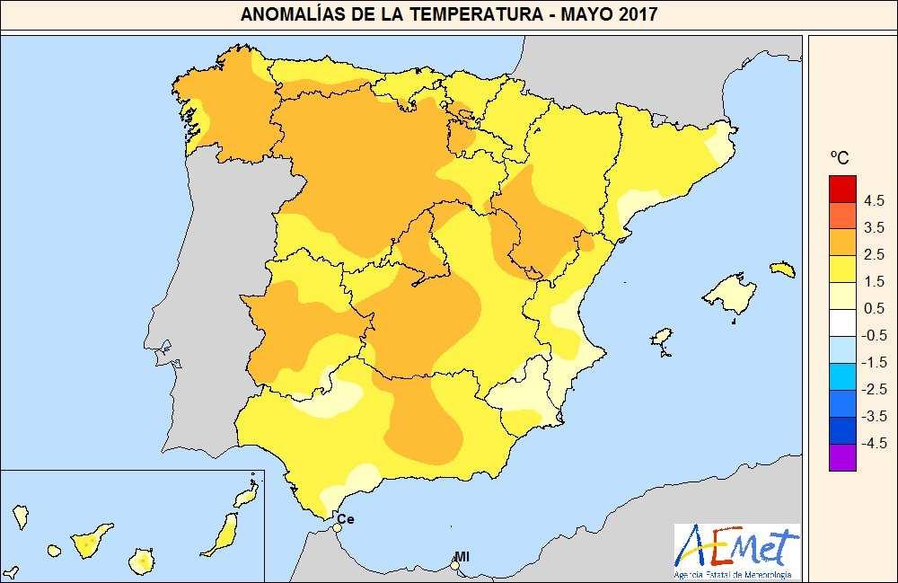 En mayo, las anomalías de las temperaturas máximas se situaron en promedio 3,1º C por encima del valor normal del mes, mientras que las de las temperaturas mínimas fueron tan solo 1,7º C superiores a