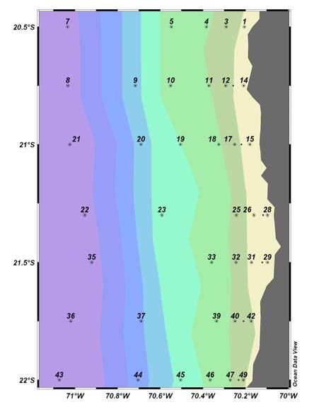 profundidades estándares de, 1, 25, 5, 75, 1, 125, 15, 2 y 3 metros como máximo. En las estaciones hasta las 2 mn se agregó el nivel de 5 metros.