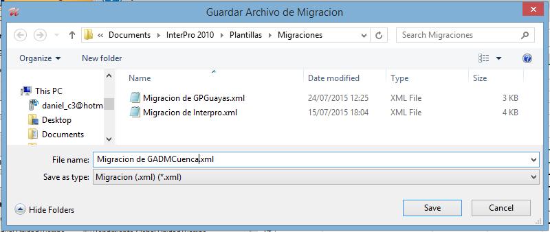 Interpro2010/Plantillas/Migraciones, se puede colocar cualquier nombre de archivo, aceptado por los estándares del sistema operativo. Img.