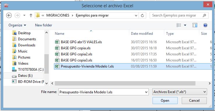 Img. 14 Cuadro de diálogo para abrir un archivo de Excel o Archivo destino.ipu.