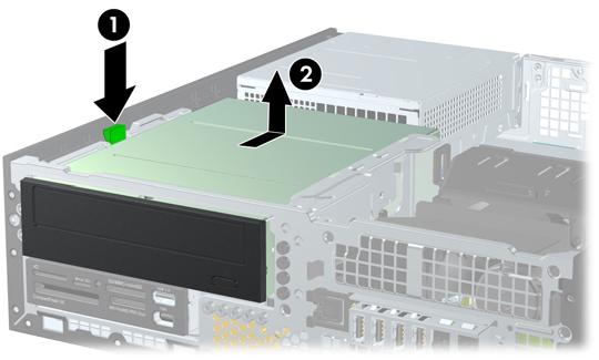 10. Presione el botón verde de retención de la unidad ubicado en la parte lateral izquierda de la unidad para desconectar la unidad del compartimiento (1).