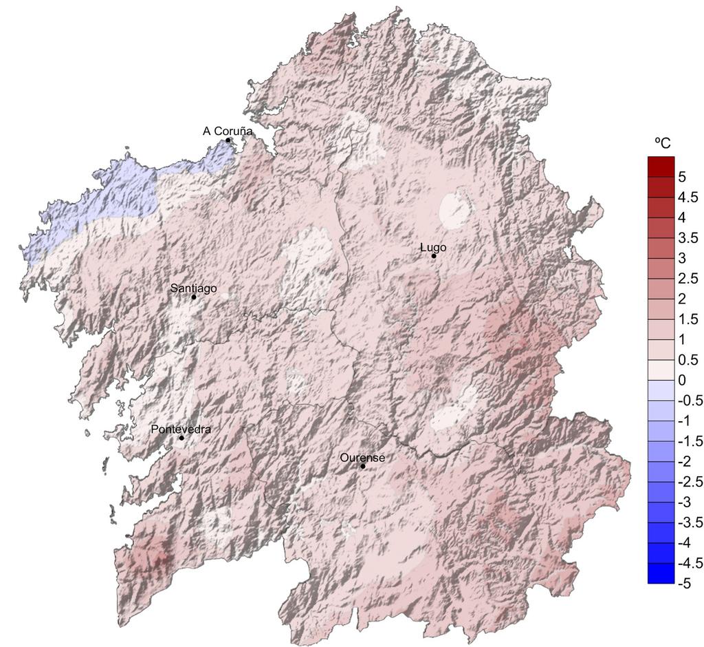 Na figura 2 pode verse o mapa das desviacións da temperatura respecto do valor medio 1981-2010 para este outono.