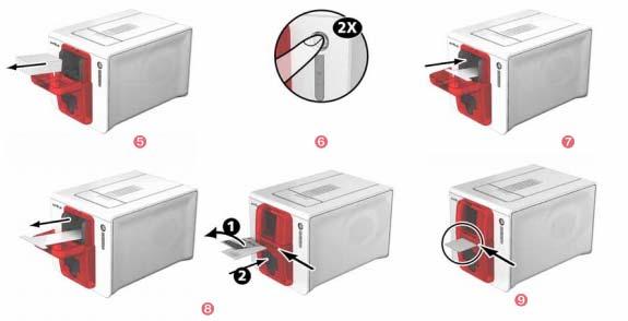 8- Extraiga la tarjeta en T, a continuación, extraiga el film de protección de la tarjeta de limpieza adhesiva (1) e introdúzcala en el cargador manual tal