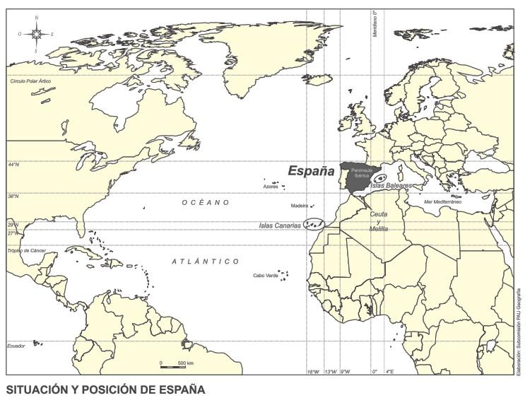 PRÁCTICA B3.P5. Mapa de situación de España: situación geográfica de España respecto a Europa y al Mundo.