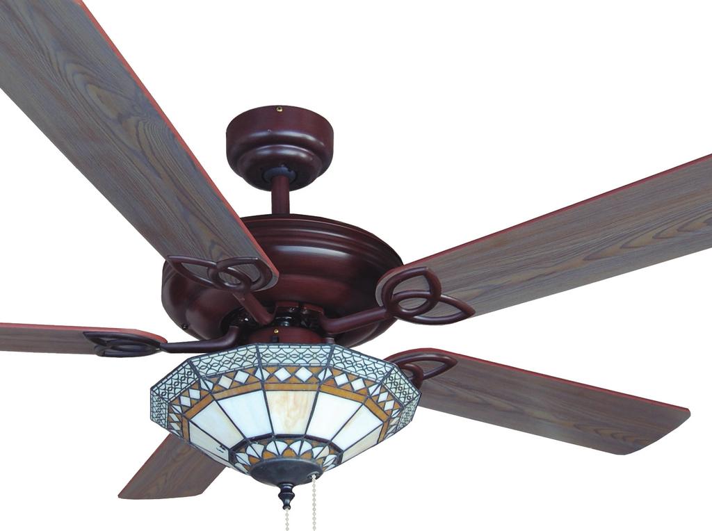 Available in brown with four reversible blades oak/pine and tiffany glass shade. You can mount it flush or with downrod.