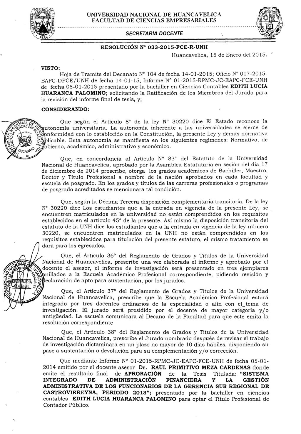 Universidad Nacional De Huancavelica Creada Por Ley N 25265