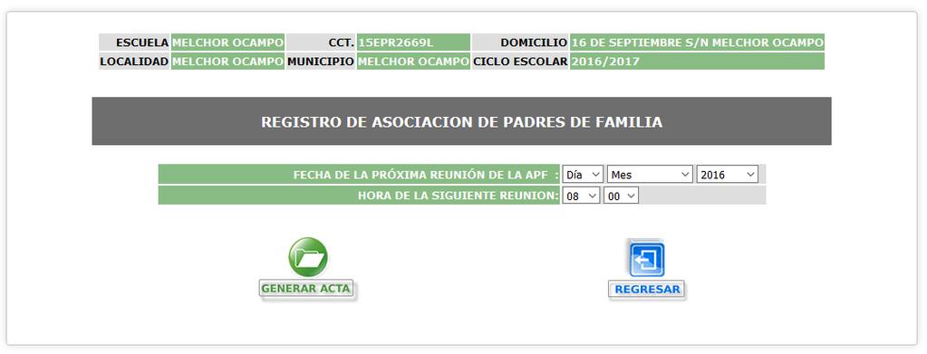 Al hacer clic en el botón de Generar Acta se abrirá una ventana de registro de asociación de padres de familia donde se deberá registrar la fecha y hora de la siguiente reunión.