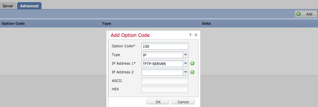 Configure los parámetros avanzados El servidor DHCP de la interfaz FTD tiene la capacidad de incluir los códigos y las opciones del DHCP.