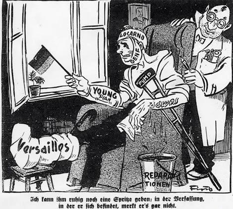 Caricatura de 1929 que representa a Alemania como un paciente aquejado de diversos males y atendida por un perverso doctor judío.
