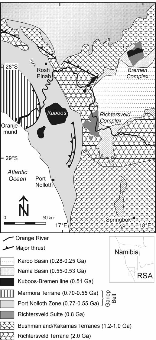 Complejo Richtersveld (Cratón Kalahari) Magmatismo anorogénico Granitoides, edad: 771±6 Ma Idéntica a