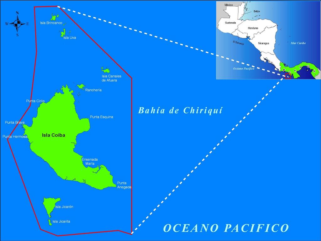 Localización del PNC Se ubica en el Golfo de Chiriquí, en la región sur o c c i d e n t a l d e l P a c í f i c o panameño, conformado por Coiba, la isla más grande del Pacífico