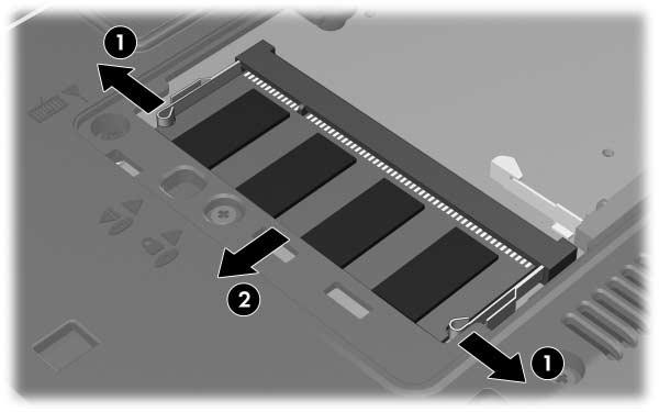 9. Para remover el módulo de memoria: a. Extraiga los clips de retención 1 a cada lado del módulo de memoria. El módulo de memoria se inclina hacia arriba. b.