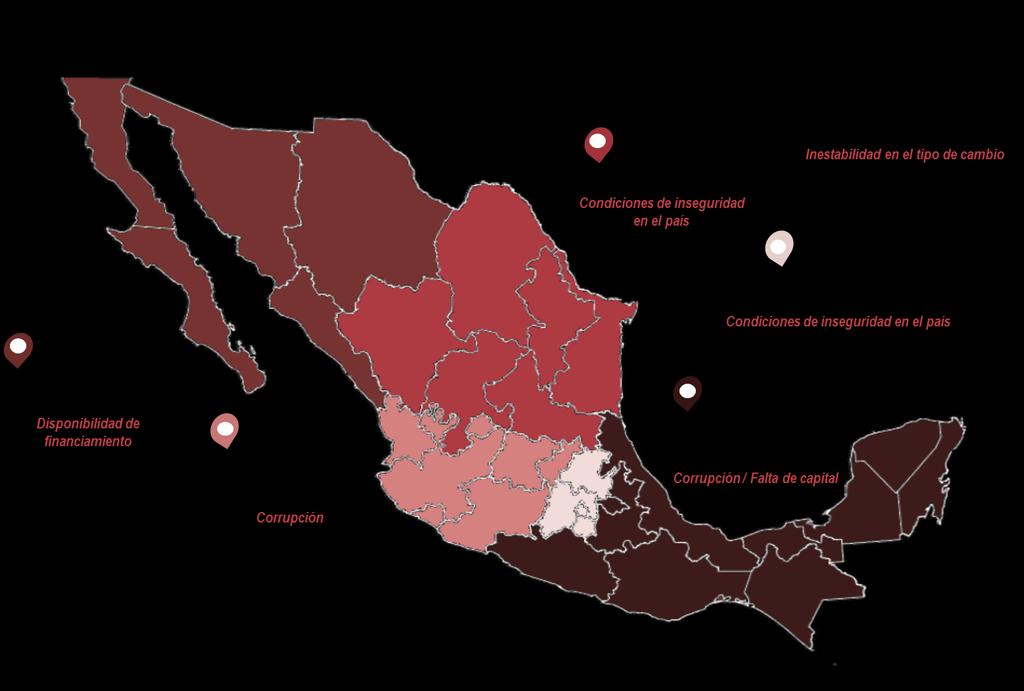 ÍNDICE MEXICANO DE CONFIANZA ECONÓMICA MARZO El texto de color rojo en el mapa indica el principal obstáculo al que las empresas se enfrentan de acuerdo a la percepción de los encuestados de cada