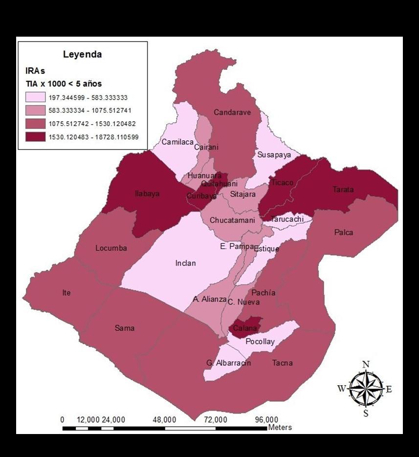 Según al panorama geográfico que se presenta en el gráfico 6, se observa que los distritos Ilabaya, Curibaya, Quilahuani, Ticaco y Tarata presentan las más altas tasas de incidencia cumulada (Cuarto