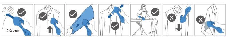 Vaporizar las prendas 1. Coloque la prenda sobre una percha limpia. 2. Comience a vaporizar lentamente desde la parte inferior hasta la parte superior de la prenda.