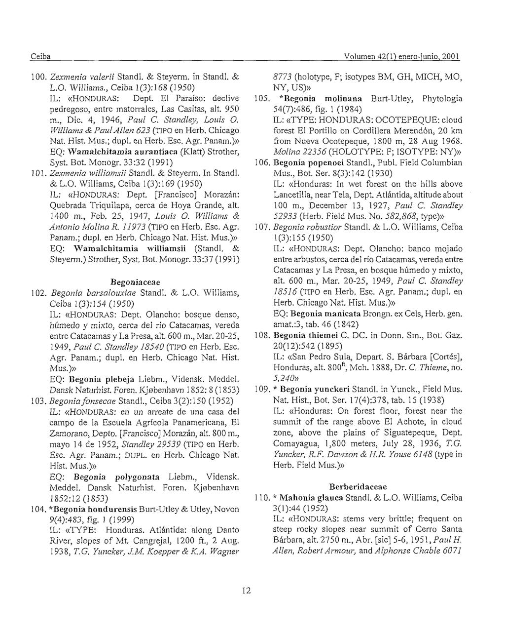 Volumen 42(1) enero-junio, 2001 100. Zexmeniu vaierii Standl. & Steyerm. in Standl. & L.O. Williams., Ceiba 1(3):168 (1950) IL: ((HONDURAS: Dept.
