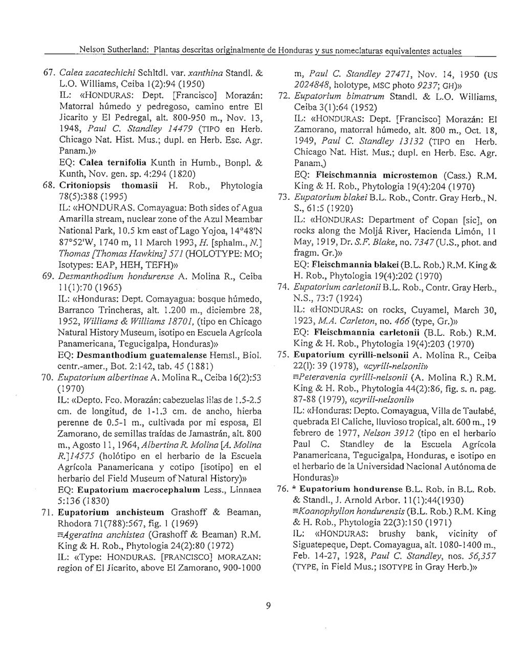 Nelson Sutherland: Plantas descritas originalmente de Honduras y sus nomeclaturas equivalentes actuales 67. Calea zacatechichi Schltdl. var. xanthina Standl. & L.O.