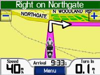 La ruta se marca con una línea de color morado. Siga las flechas conforme gire. Cómo añadir una parada Puede añadir una parada (punto vía) a la ruta.