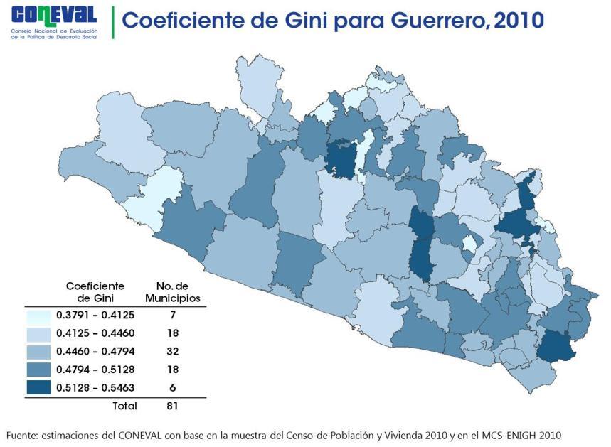 A nivel municipal para 2010 las estimaciones del Coeficiente de Gini arrojan los siguientes resultados: Los municipios con más desigualdad en la distribución del ingreso son: Tlapa de Comonfort,