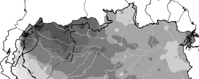 La distribución espacial de la lluvia total anual al este de