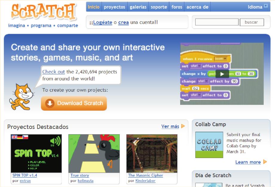 Scratch es un lenguaje de programación que le facilita crear sus propias historias interactivas, animaciones, juegos, música y arte; además, le permite compartir con otros sus creaciones en la web.