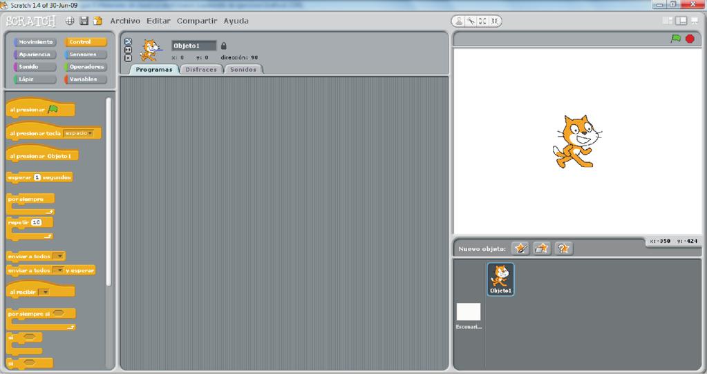 Objetos Los objetos en Scratch son los personajes que ejecutan el bloque de código que el programador crea.