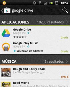 Google Drive aplikazioa bertsio mugikorrerako deskargatzeko prozesua Android sistema batean, eta aplikazioa Play store aukeratik